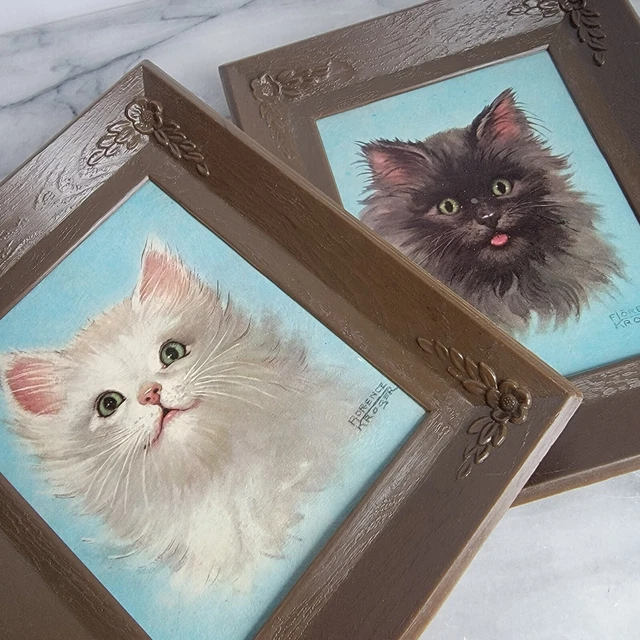 2 Florence Kroger Cat Kitten Framed Lithograph Prints Vintage 1960s