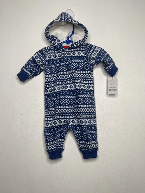 Carters Fleece Hooded Coverall Baby Size 3 Months Blue Long Sleeve Fair Isle