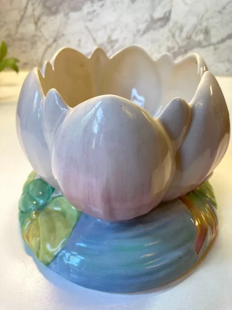 Vintage 1930s Clarice Cliff Pink Water Lily Vase / Lotus Bowl 3