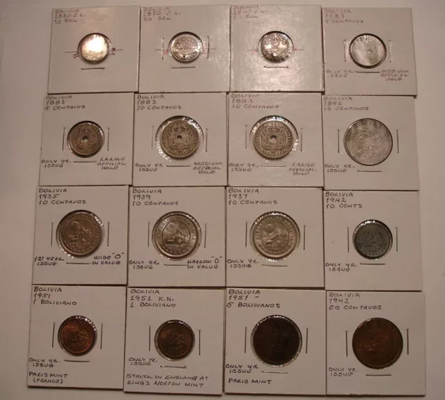 (16) Coins of Bolivia 1830 to 1951 1/2 Sol to 5 Bolivianos w/ Silver