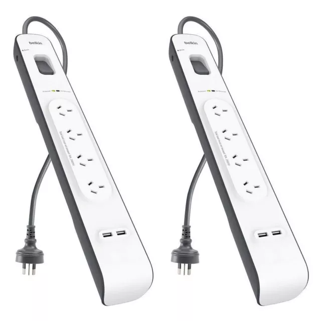 2x Belkin 2M 4 Way Power Board Outlet Surge Protector 2.4A 2 USB Port Charger