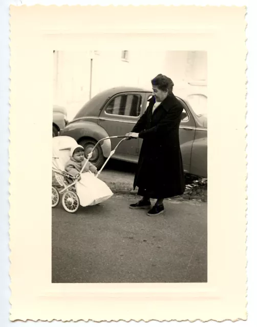 Woman & Child Sitting Stroller Car - Old Year Photo 1950