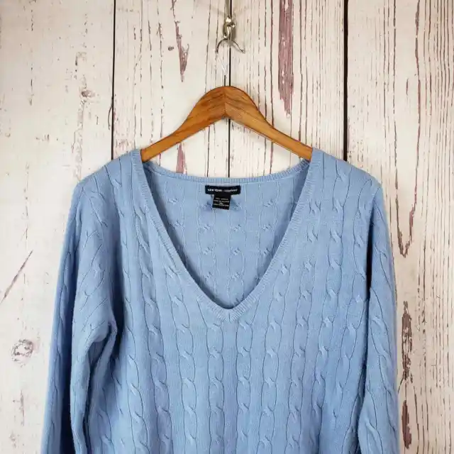 New York & Company Sweater Womens Size XL Cable Knit V Neck Long Sleeve Blue