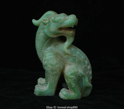Old Chinese Natural Green Jade Hand Carved Wealth Unicorn Beast Statue Sculpture