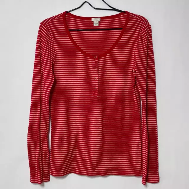 J. Crew Henley Knit Top Women's Medium Red White Stripe Long Sleeve Scoop Neck