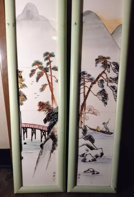 10 Japanese Hand Painted Tiles Boat Man Bridge Mountains Lake Signed 5 Ea Frame 3