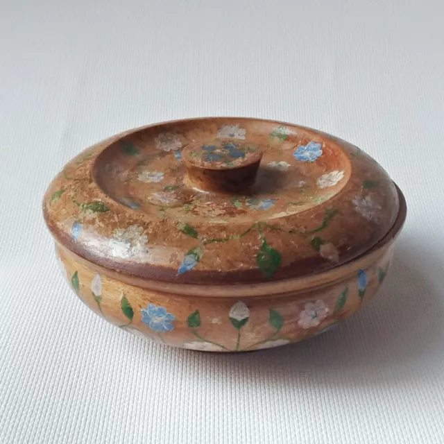 Antique Early-Mid 19C Treen Trinket Box With Painted Flowers, Early Victorian