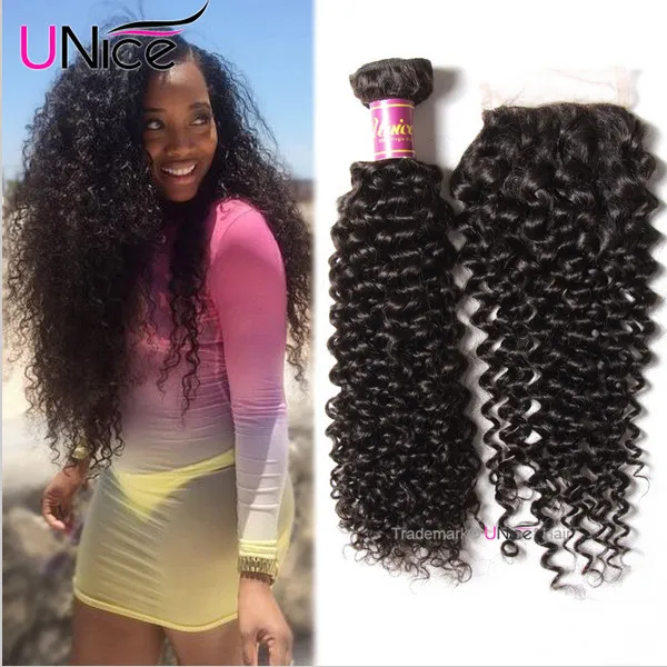 UNice 8A Brazilian Curly Human Hair 3 Bundles With Lace Closure Hair Extensions