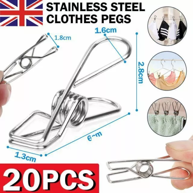 20pcs Stainless Steel Washing Line Clothes Pegs Hang Pin Metal Clips Clamps UK