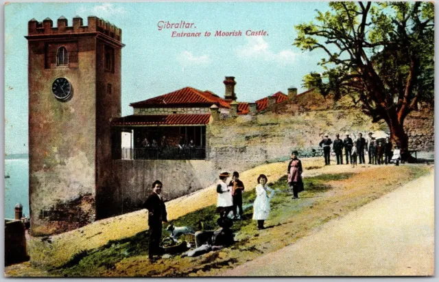 Gibraltar Entrance To Moorish Castle Clock Tower Soldier Police Dog Postcard