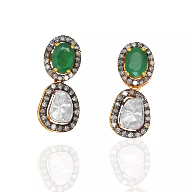 925 Sterling Silver 18k Gold Plated Natural Emerald Diamond Polki Earrings Pair