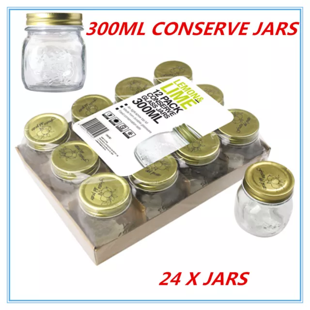 24 Glass Jam Jar Gold Top Lid 300ml Storage Candy Jars Wedding Party Food FD