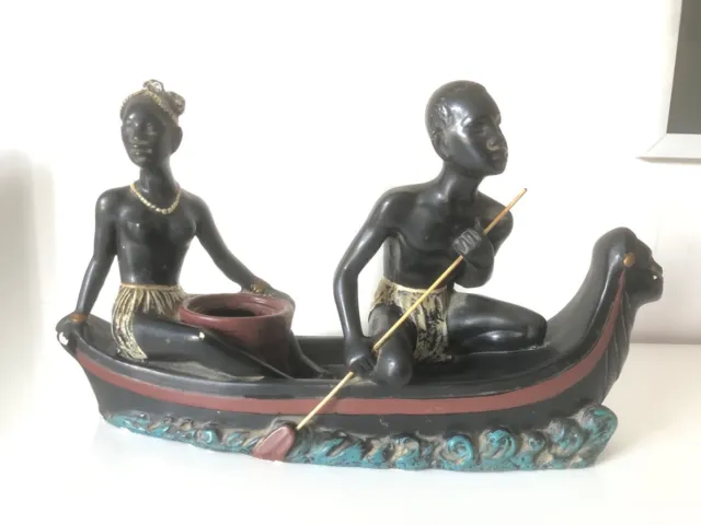 Statue africaine vintage plâtre - Couple de pêcheurs à la pirogue - Pot plantes