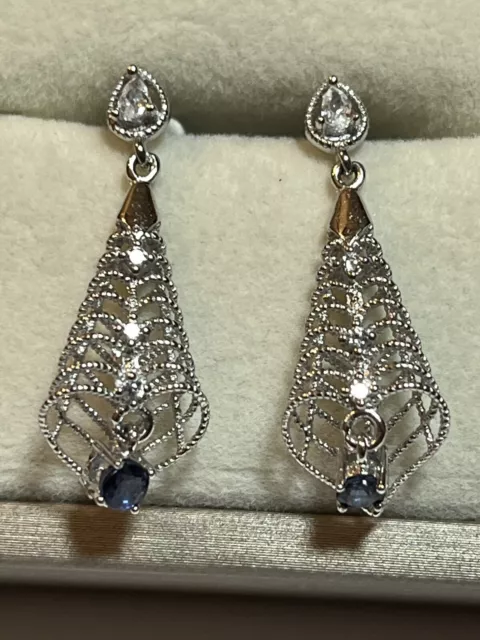 Unique 925 Sterling Silver Blue Sapphire Zirconia Diamonds Funnel Stud Earrings