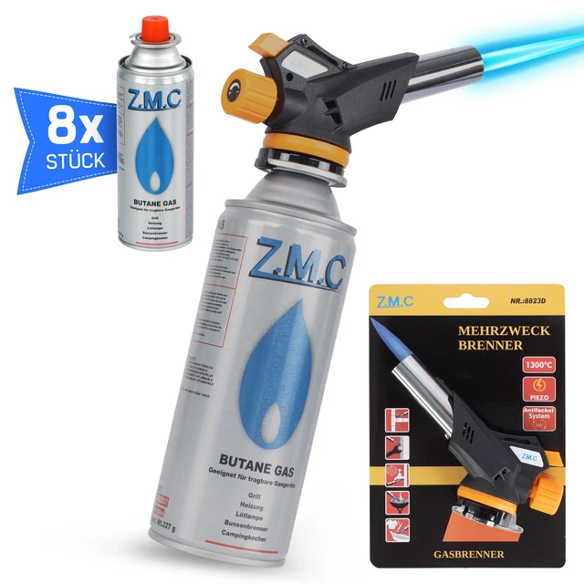 Brûleur à Gaz Bec Bunzen + 4 Cartouches Butane - Allumage Piézo, Flamme Réglable