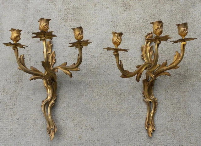 Paire APPLIQUES BRONZE DORÉ 18 EME, Louis XV, H 38 cm