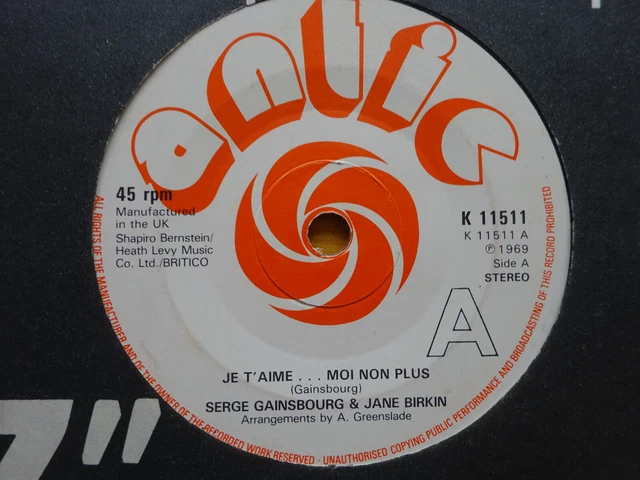 SERGE GAINSBOURG JANE BIRKIN * Je T’aime Moi Non Plus 7” Single Vinyl