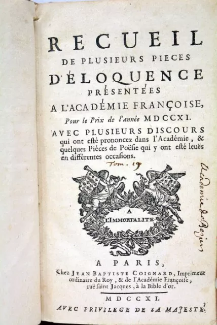 Livre Ancien Recueil De Pieces D'elequence Academie Francaise 1701