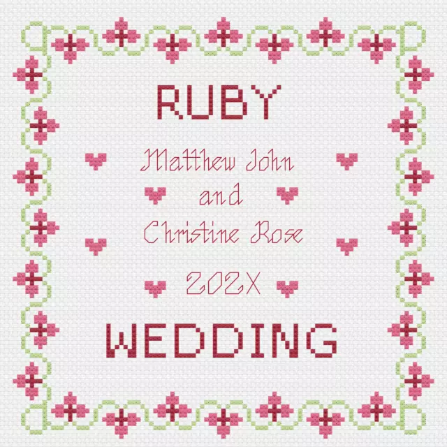 Cross Stitch Wedding Anniversary Sampler Kit or Pattern, Florashell, Ruby Square
