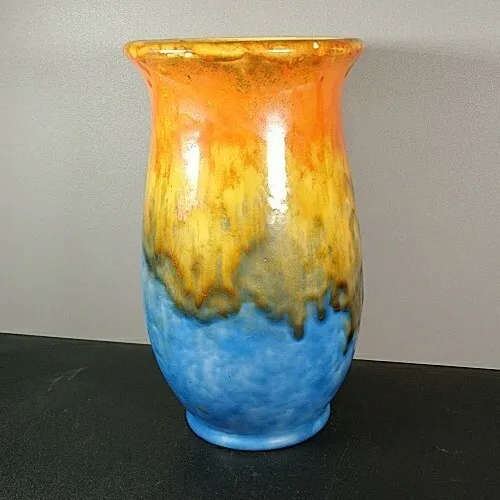 Art Deco Crown Ducal Dip Glaze Vase Impressed 129 Orange Blue English 22cm tall