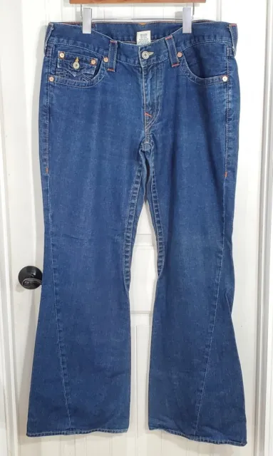 Vintage True Religion Jeans Mens Joey Blue Lightly Distressed Hems Flare 36x34
