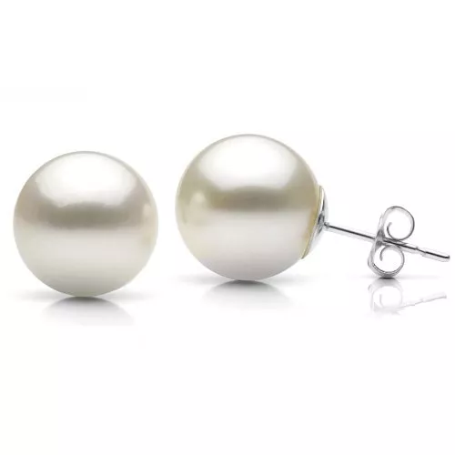 Stud Earrings 14k White Gold 8-9mm White Round Freshwater Cultured Pearl