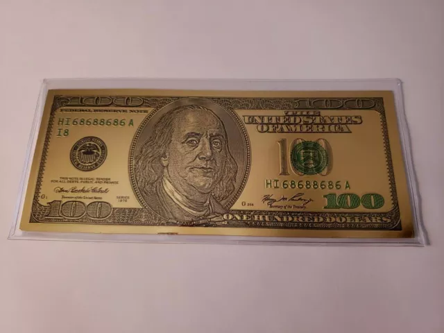 Pure 24K Gold Foil Plated Colored $100 Benjamin Franklin Foil Banknote, in PVC Pure 24K Gold Foil Plated Colored $100 Benjamin Franklin Foil Banknote, in PVC