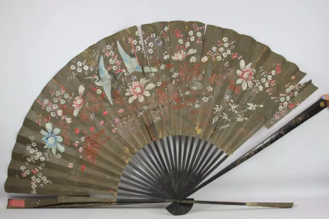 Pair Of Large Chinese Fans. Lacquered Wood And Wallpaper. 19Th Century.