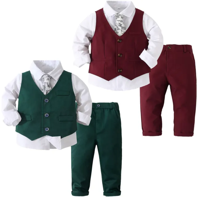 Baby Boy Clothes Outfit 4PC Gentleman Shirt + Vest + Pants + Tie Cotton Suit Set