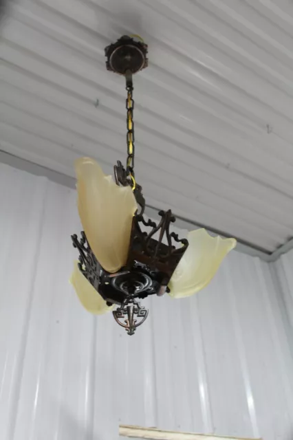 ANTIQUE ART DECO SLIP SHADE CEILING LIGHT FIXTURE CHANDELIER CFC 3 Shades