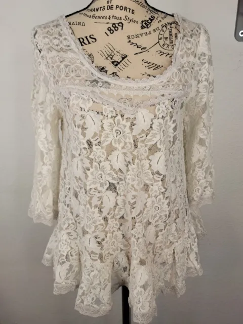 Free People SZ S Lace Sheer Top 3/4 Sleeve Ruffled Crochet White Oversize Boxy
