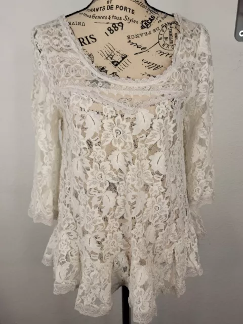 Free People SZ S Lace Sheer Top 3/4 Sleeve Ruffled Crochet White Oversize Boxy