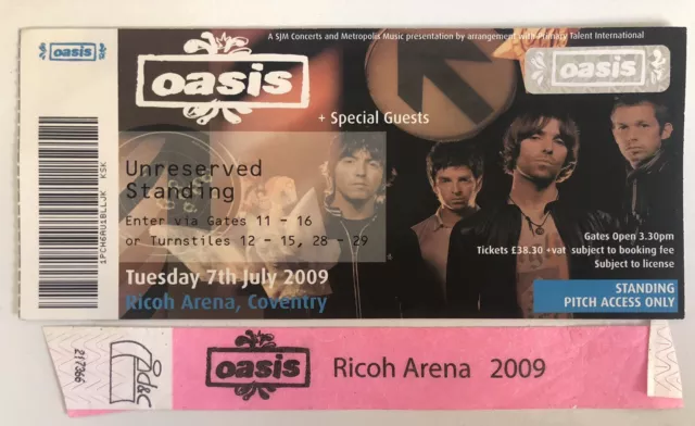 Oasis Gig Ticket Wristband Coventry Ricoh Arena July 2009 Noel Liam Gallagher