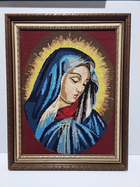 VINTAGE VIRGIN MARY Religous Tapestry Needlework Framed 57cm