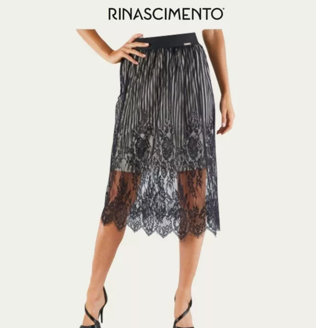 NUOVA gonna RINASCIMENTO tg M nero beige pizzo longuette midi donna maxi