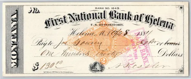 Helena Montana First National Bank Check 1884 w/ RN Rev Underprint VGC