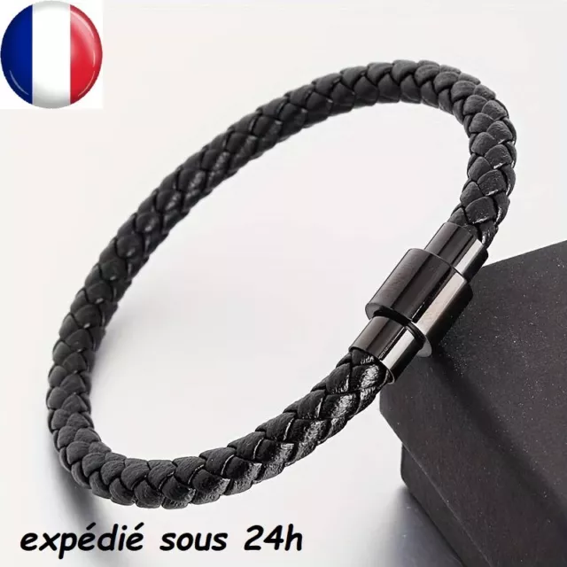 Bijoux Bracelet Homme Cuir Tressé Noir À Fermoir Magnétique acier inoxydable