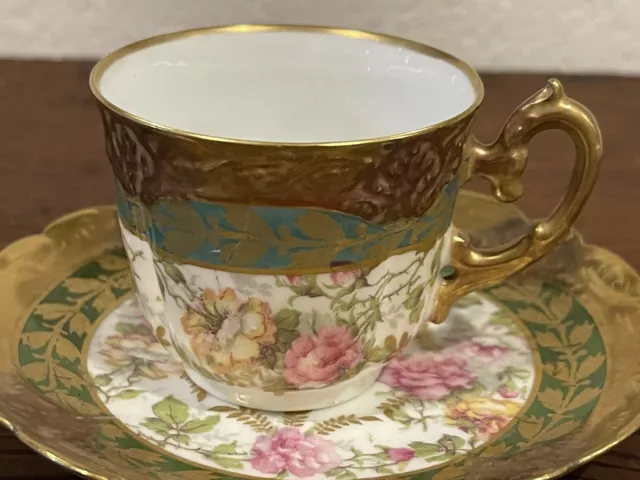 Demitasse Cup & Saucer Limoges France Hand Painted Heavy Gold Pink Roses Teacup