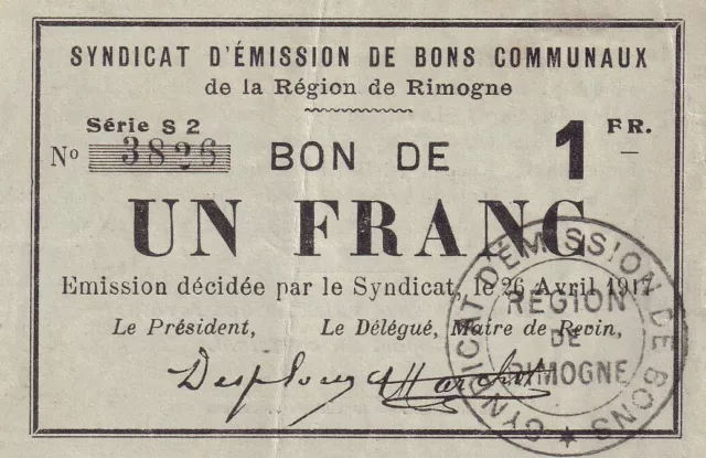 1 Franc - Syndicat d'Emission de Bons Communaux - Rimogne - 1917 - Série S.2 - P