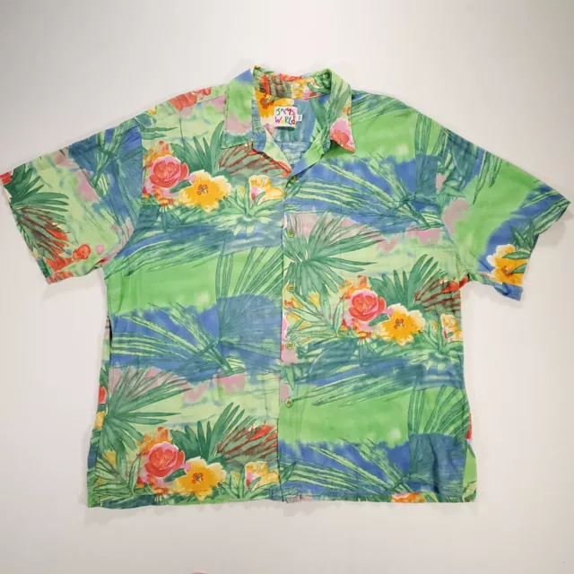 Jams World Mens Vintage Green Blue Floral Button Up Camp Shirt Hawaiian XXL