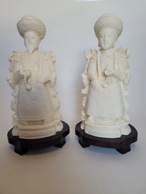 Vintage Hand Carved Resin Chinese Emperor & Empress Figurines Statue Wood Base 2