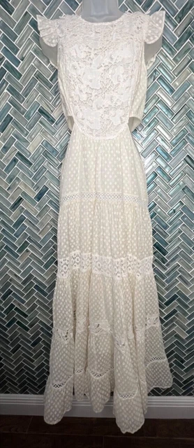 Anthropologie Not So Serious White Tiered Lace Side Cut Out Maxi Dress Small
