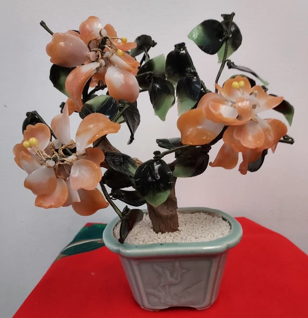 VINTAGE JADE BONSAI Tree Chinese Glass Agate Asian Flowers Celadon Pot
