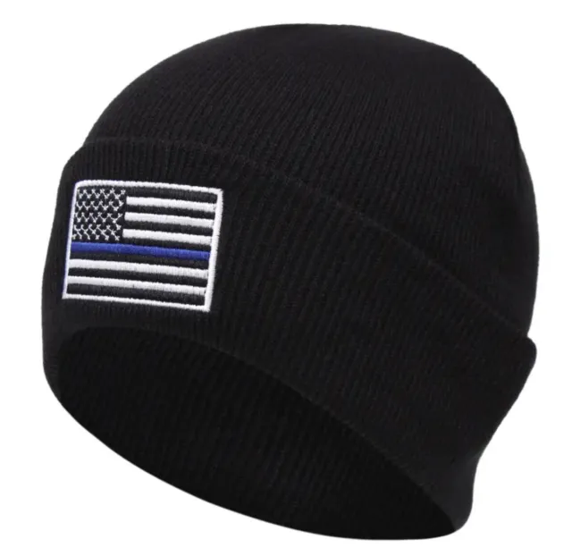 Thin Blue Line KBTBLA-AS-TLT Flag Winter Skull Cap Hat Beanie Black Police Knit