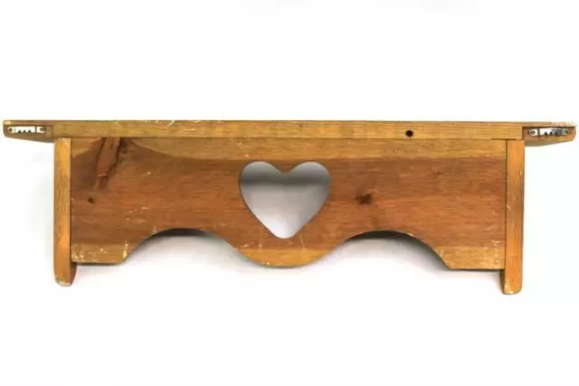 Vintage Country Style Oak Wall Shelf with Heart Eyelet Opening 1990s Farmhouse 3