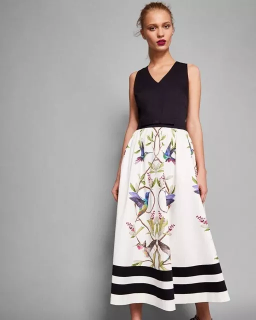 Ted Baker  10 (2) Beautiful Reice High Grove Birds Print Midi Dress