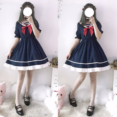 Women Japanese Style Sweet Preppy Student Sailor Collar Lolita Teens Girl Dress