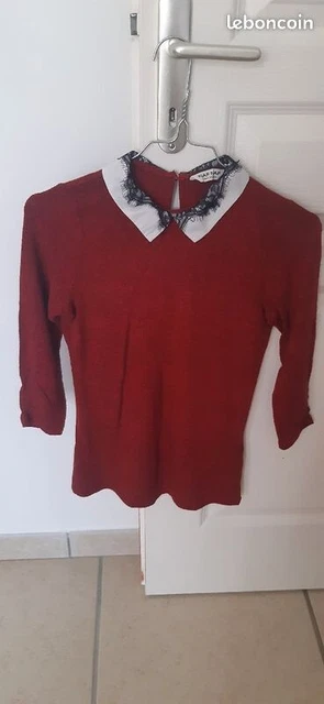 PULL FIN ROUGE bordeaux taille XS Naf Naf TRES BON ETAT EUR