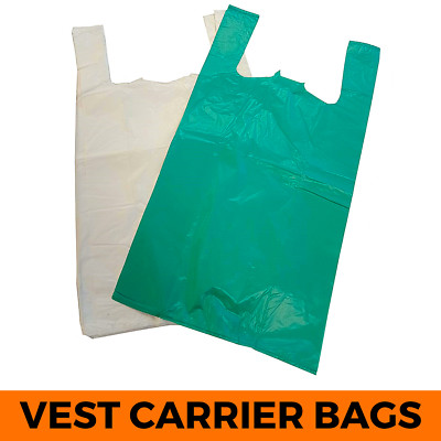 Gilet di plastica Carrier Bags Bianco Forte Sacchetti negozi bancarelle supermercati tutte le taglie 