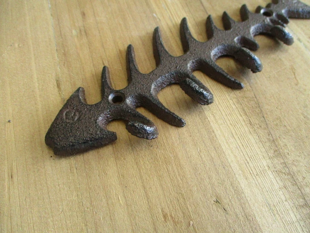 CAST IRON FISH Bones Wall Hook Key Hat Coat Rack Holder Skeleton Nautical Decor 3